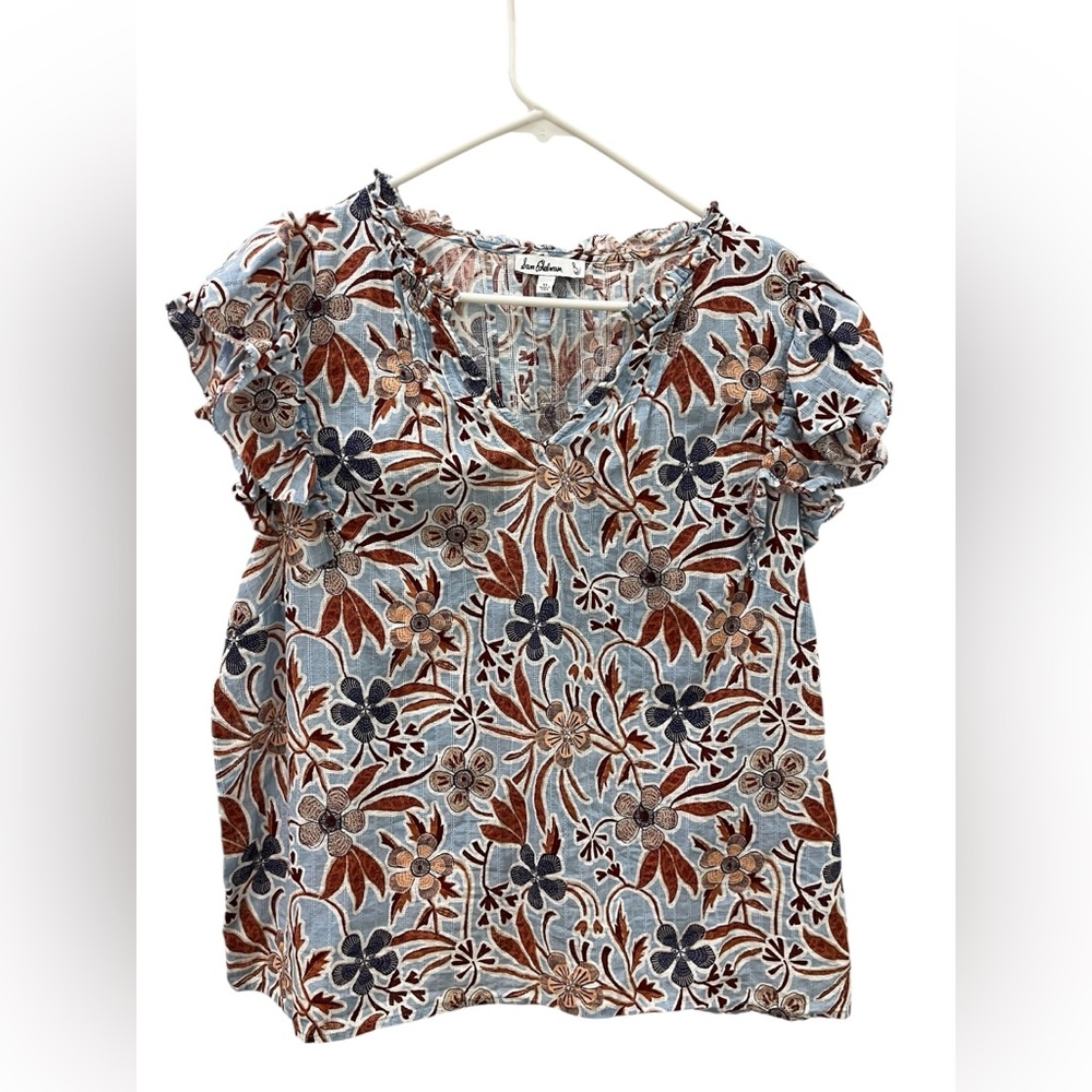 Sam Edelman Brown and Orange Ruffled Cap Sleeve Blouse Size XL 100% Cotton